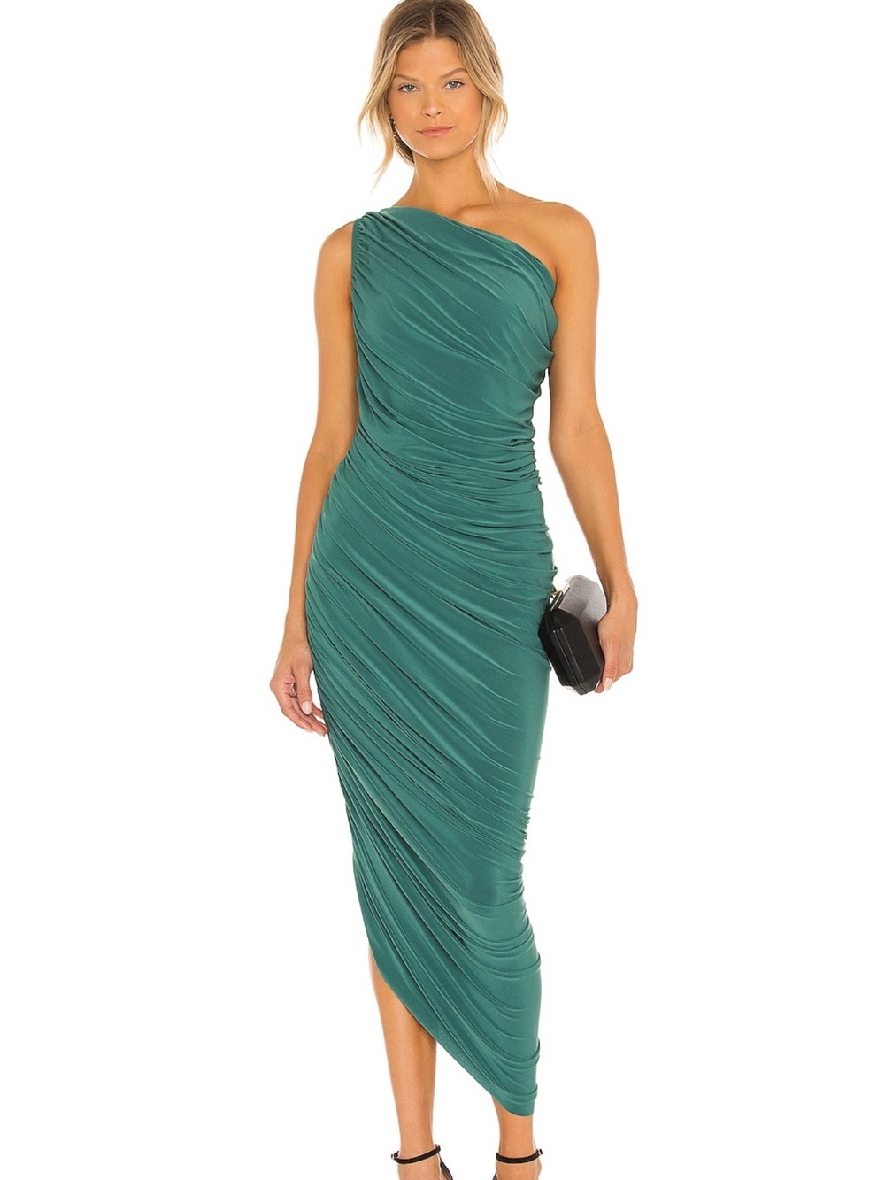 Norma Kamali One-Shoulder Teal Ruched Asymmetric Midi Dress